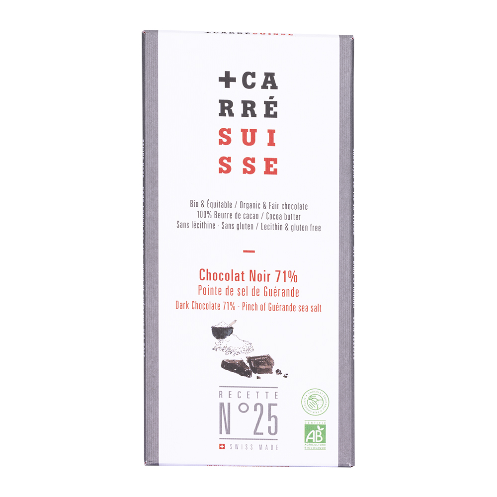 Bio- Zartbitterschokolade mit Meersalz - Carré Suisse Bio- Zartbitterschokolade mit Meersalz - Carré Suisse